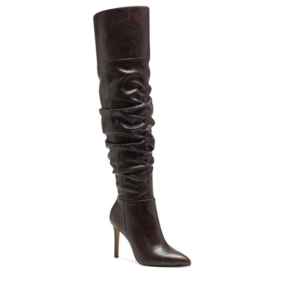 VINCE CAMUTO | Kentelli Ruched Boot Wine Snakeskin NEW - Picture 1 of 11